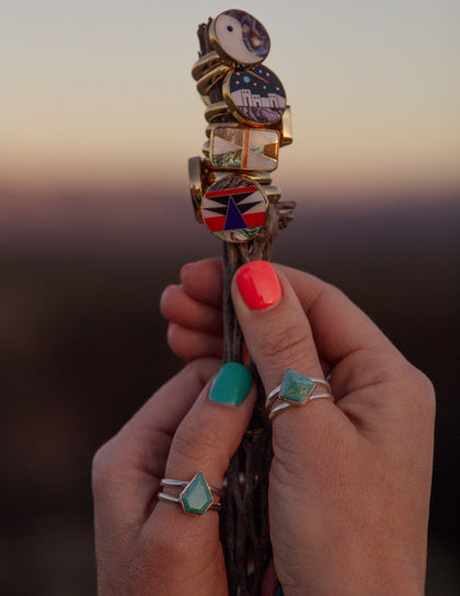 Gemstone- Cut Arizona Turquoise & Sterling Silver Adjustable Double Band Ring