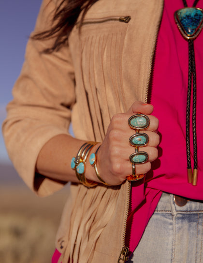 White Water Turquoise with Detail Band Ring in Gold Alchemia Adjustable