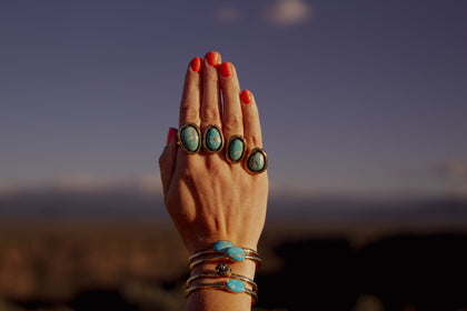 White Water Turquoise with Detail Band Ring in Gold Alchemia Adjustable