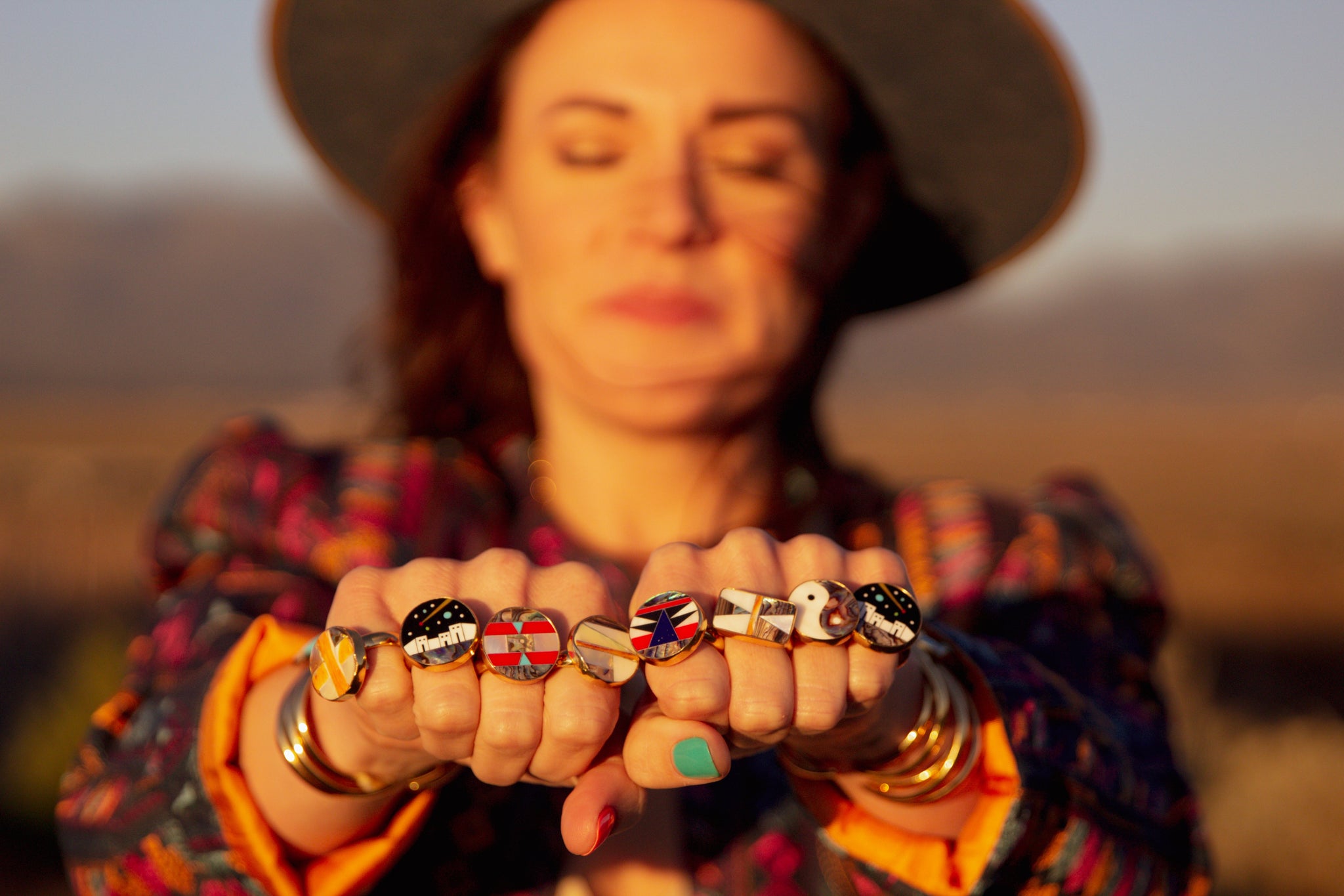 Taos Turquoise, Mother of Pearl & Abalone Inlay Design Ring in Sterling Silver Adjustable T006