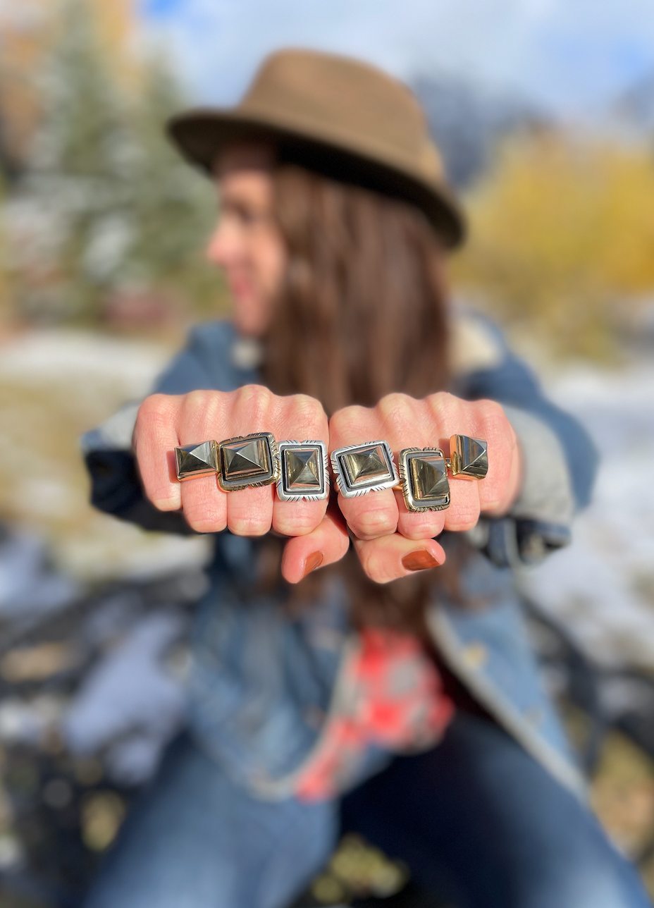 Pyrite Sugar Loaf Cut Adjustable Ring in Gold Alchemia G13