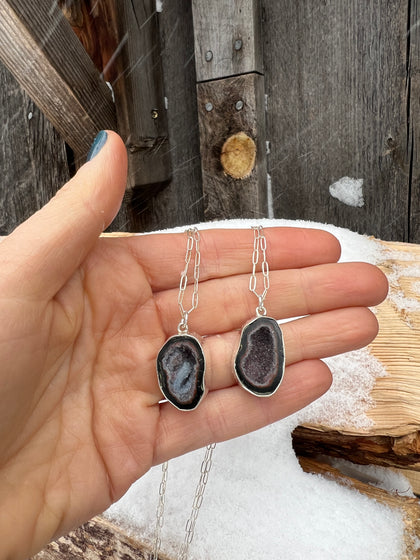 Tiny Geode Necklace on 16" Sterling Silver Chain